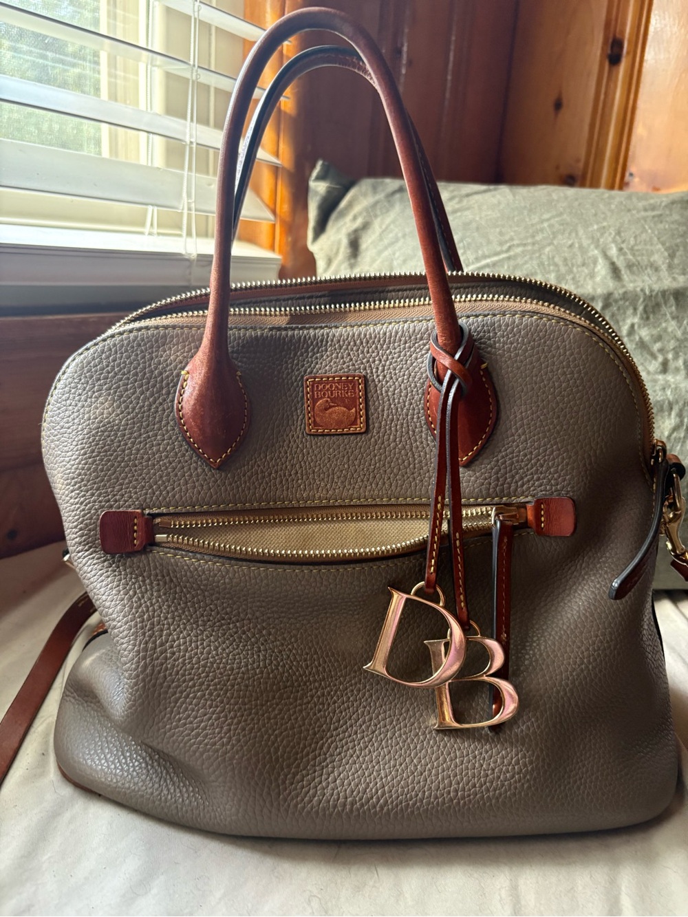 Dooney & Bourke Gray Pebbled Leather Satchel with Brown Trim